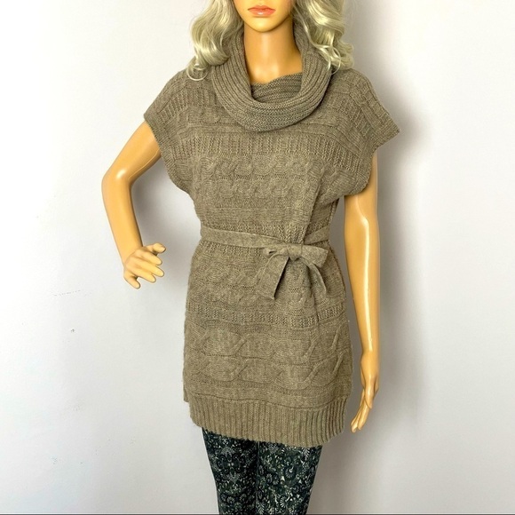 Berretti Sweater Tunic Cowl Neck Sleeveless Tie Waist Tan M - Picture 1 of 12